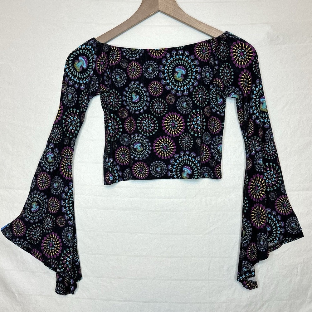 Mushroom Crop Top Shirt Fairy Boho Whimsy Bell Sleeve Festival Hippie Gypsy Rose